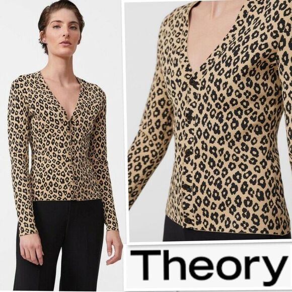 Theory Leopard Animal Print Glossed V-Neck Button Down Cardigan Tan/Black Size L - Picture 2 of 13